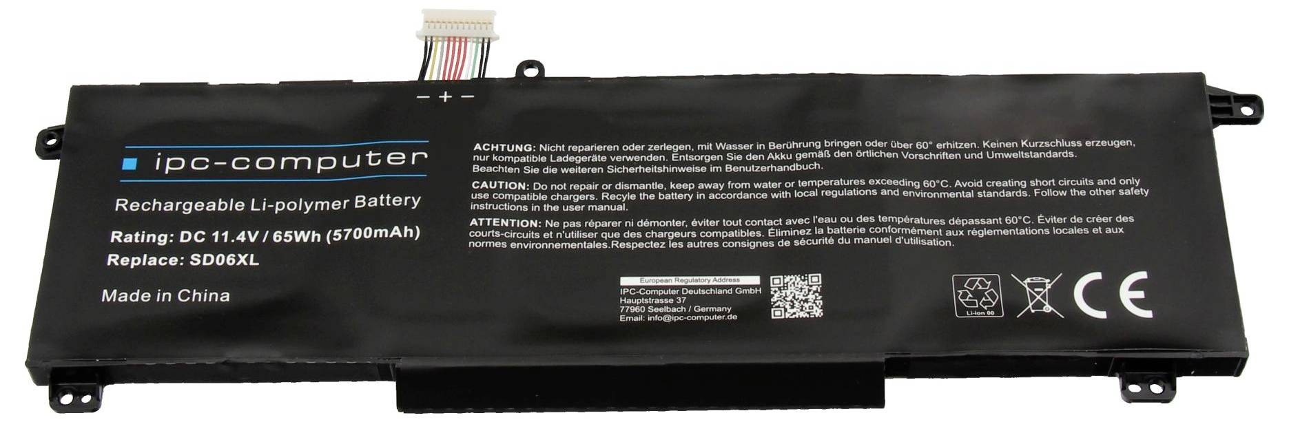 Schwarzer wiederaufladbarer Laptop-Akku mit der Bezeichnung „IPC-computer" und „Li-polymer Battery", mit Modellinformationen, Warnungen und CE-Kennzeichnung.