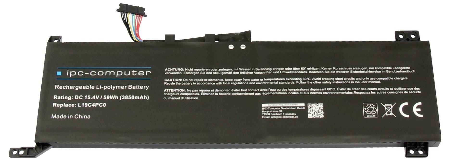 Schwarzes wiederaufladbares Lithium-Polymer-Akkupack für einen IPC-Computer, gekennzeichnet mit 7,4V 39Wh 3850mAh Ersatz L19C4PC0, mit angeschlossenem Mehrdraht-Stecker.