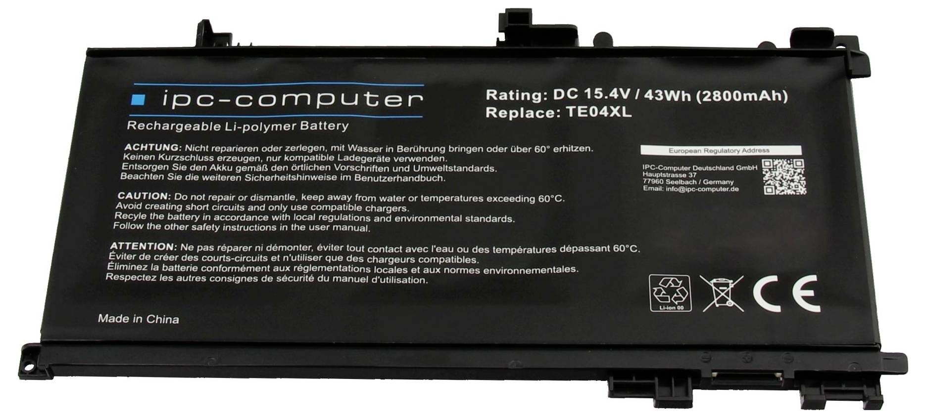 Schwarzes IPC-Computer wiederaufladbares Li-Polymer-Akku-Pack mit Aufschrift „Rating: DC 15.4V / 43Wh (2800mAh)" und „Replace: TE04XL".