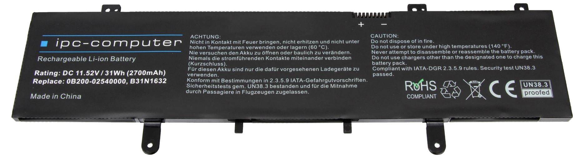 Ersatz-Akkupack für Laptop mit Kennzeichnung "ipc-computer" mit Sicherheits- und Zertifizierungsmarkierungen auf einem schwarzen rechteckigen Gehäuse.