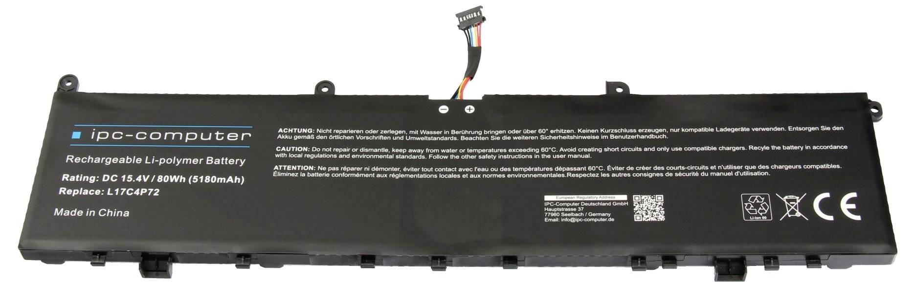 Schwarzer wiederaufladbarer Li-Polymer-Akkupack mit der Bezeichnung „ipc-computer", mit Anschluss und technischen Spezifikationen auf dem Gehäuse.