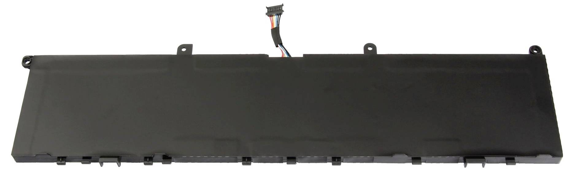 Schwarze rechteckige elektronische Komponente oder Batterieverpackung mit Befestigungslaschen und Steckverbinder, auf weißem Hintergrund dargestellt.