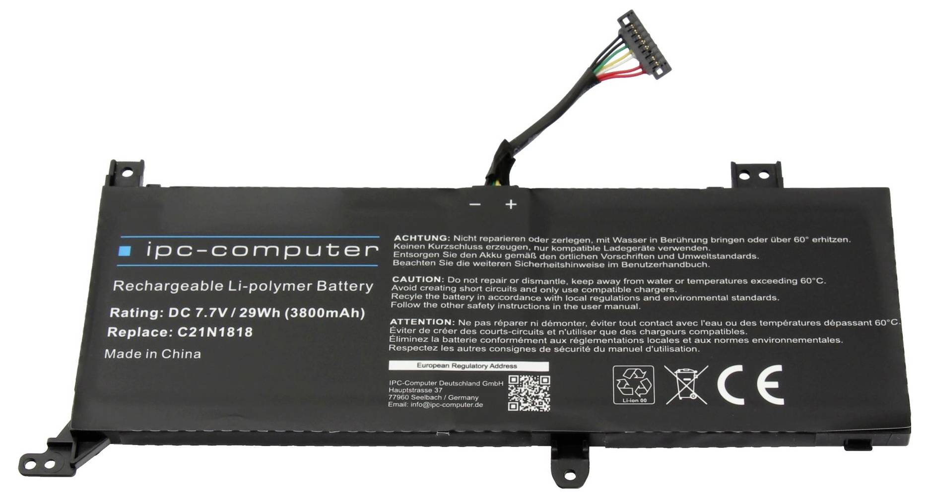 Wiederaufladbare Li-Polymer-Batterie mit Kennzeichnung ipc-computer, Nennleistung DC 7,7V 3880mAh, mit angeschlossenem Verbindungskabel.