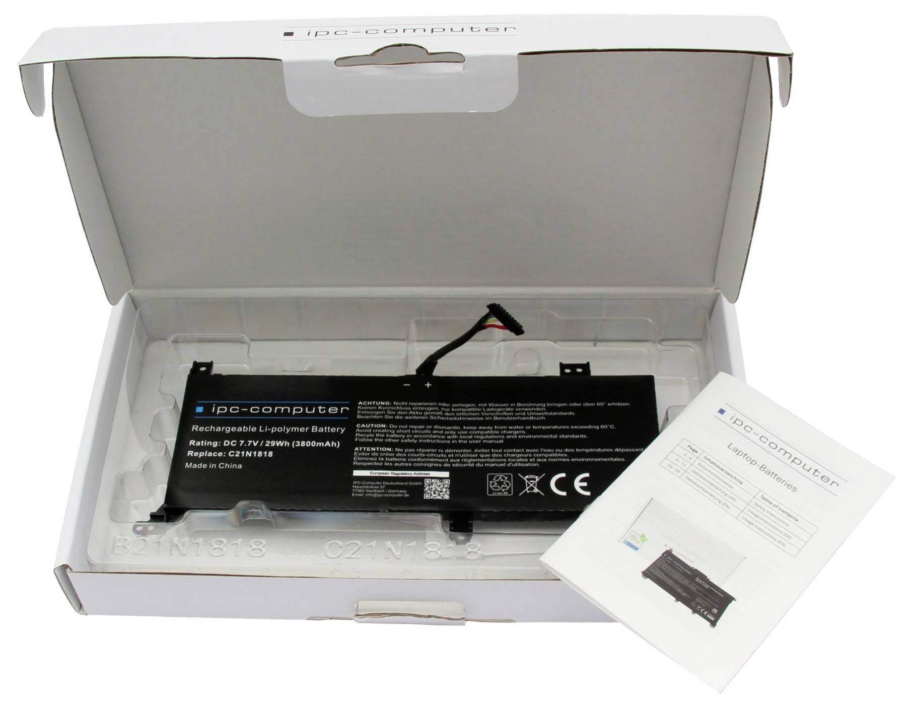 Öffnen Sie die Laptop-Batterieboxen mit einer schwarzen wiederaufladbaren Batterie mit Kabel und einem gefalteten Anleitungsblatt.