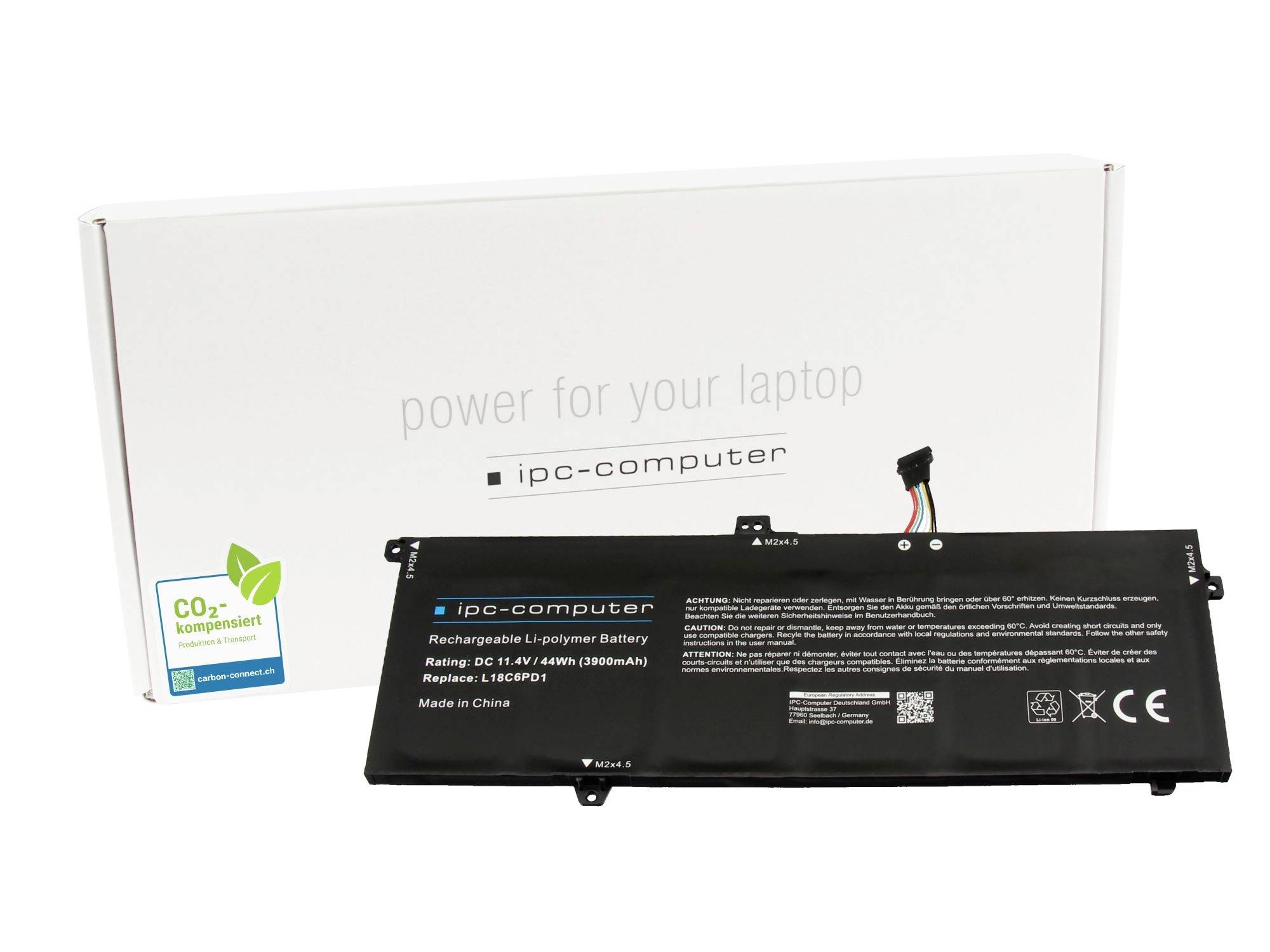Ersatzbatterie für Laptop, die vor ihrer weißen IPC-Computer-Verpackung gezeigt wird, mit der Aufschrift „Strom für Ihren Laptop