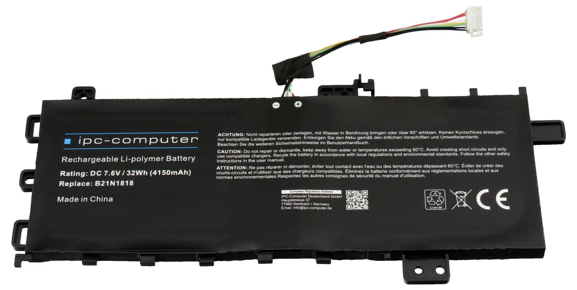 Schwarzer wiederaufladbarer Lithium-Polymer-Akku mit Verbindungskabel, beschriftet mit „ipc-computer" und 17,6V 32Wh 4150mAh, auf weißem Hintergrund dargestellt.