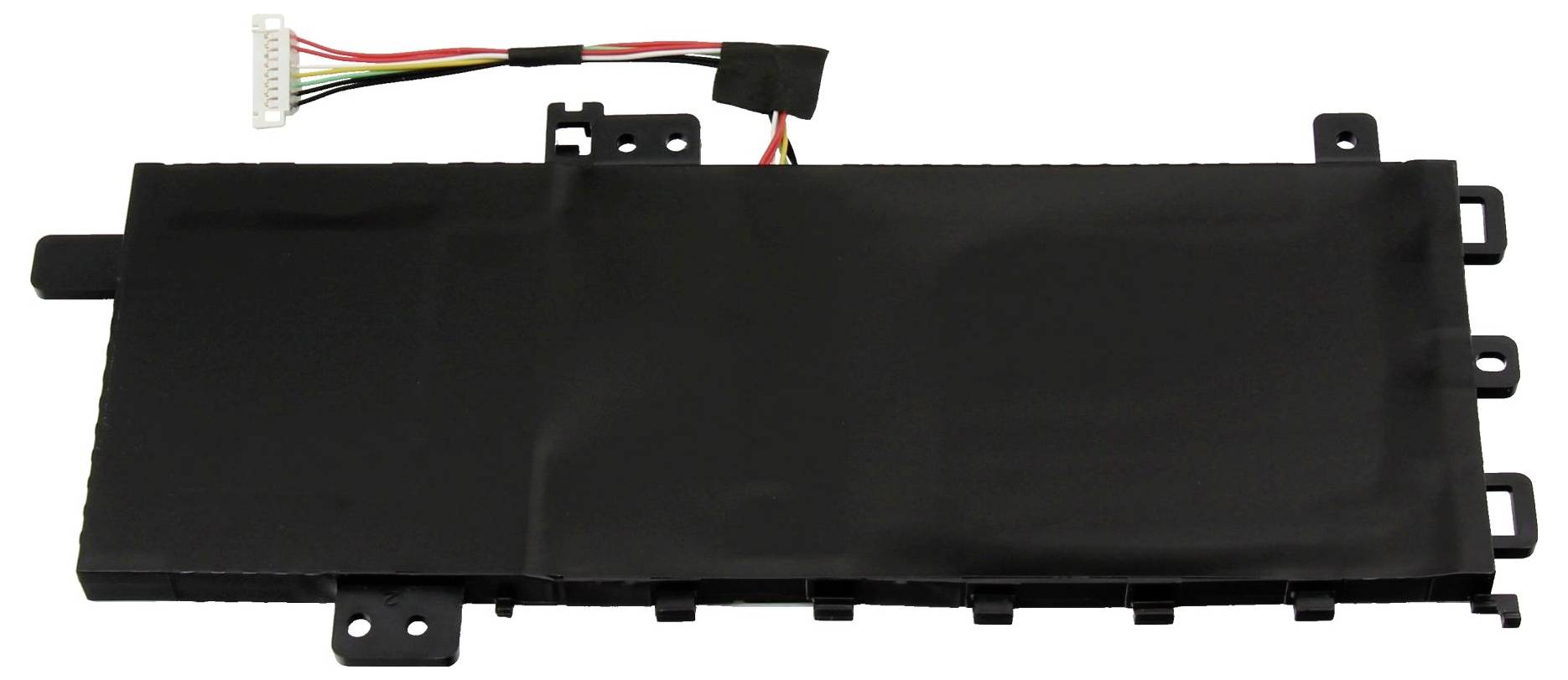 Schwarze rechteckige elektronische Komponente mit Befestigungslaschen und einem weißen Steckverbinder oben, dargestellt auf weißem Hintergrund.