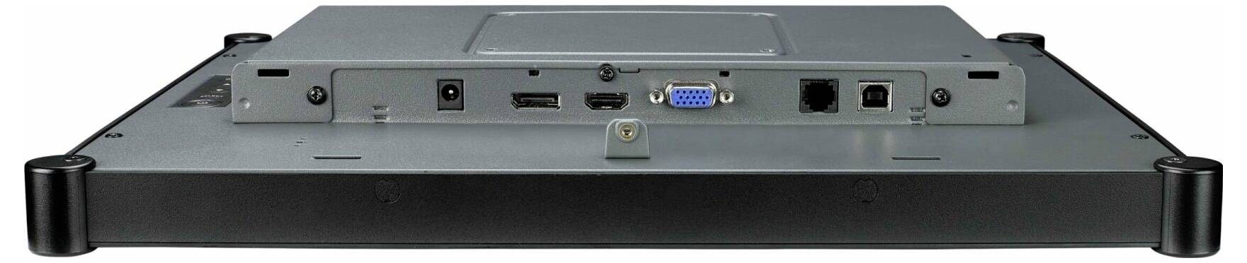 Rückansicht eines Flachbildschirms mit Anschlussports, einschließlich USB, VGA, Ethernet und Audio-Buchsen.