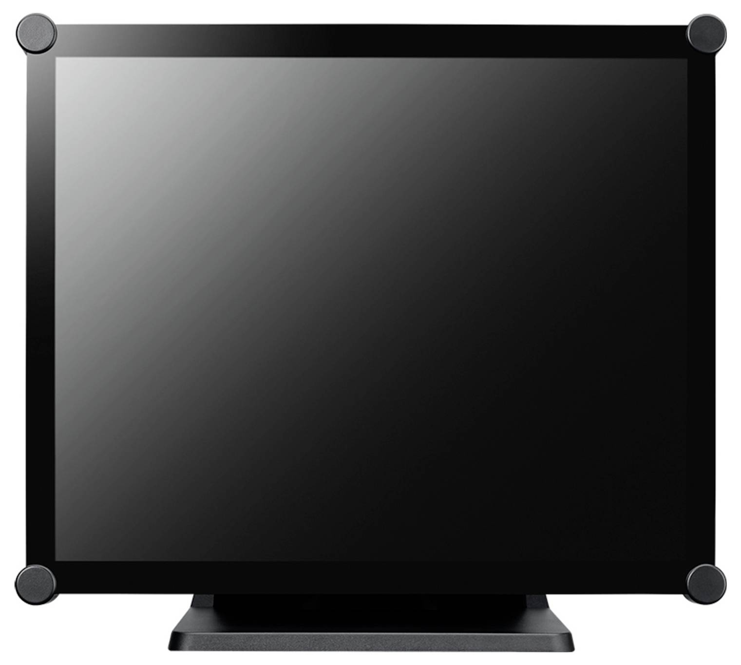 Vorderansicht eines leeren schwarzen Flachbildschirm-Monitors oder Fernsehers auf einem Ständer, shown gegen einen weißen Hintergrund.