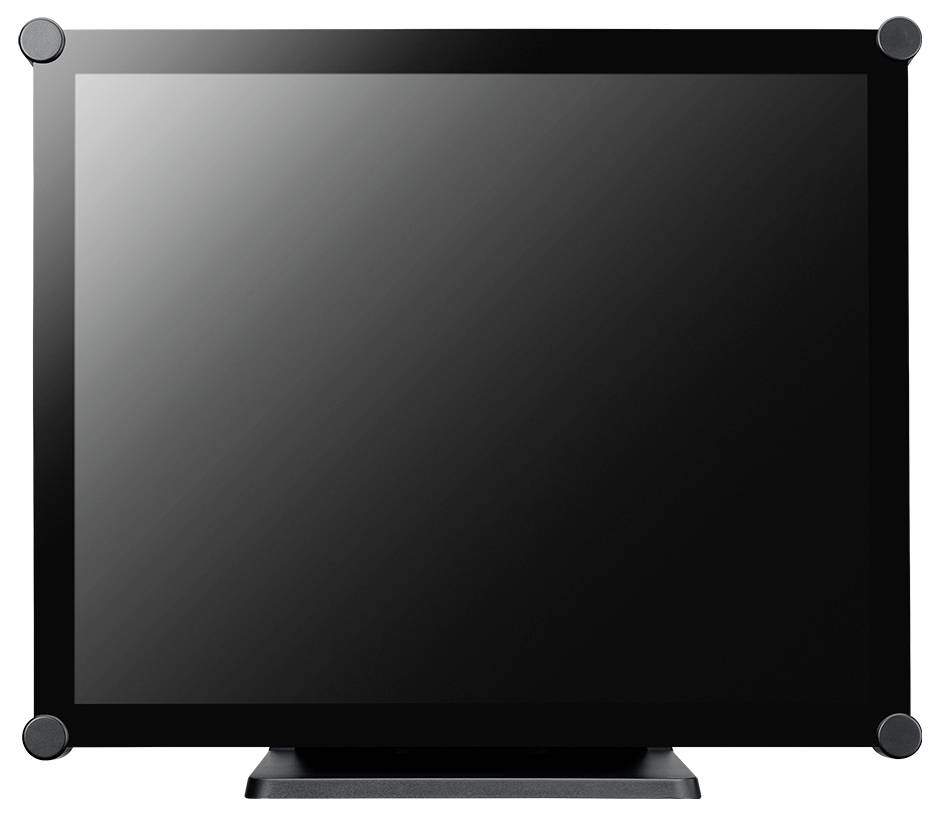 Ein leerer schwarzer Flachbildfernseher oder Monitor mit vier Eckbefestigungen, in Vorderansicht auf einem Ständer gezeigt.