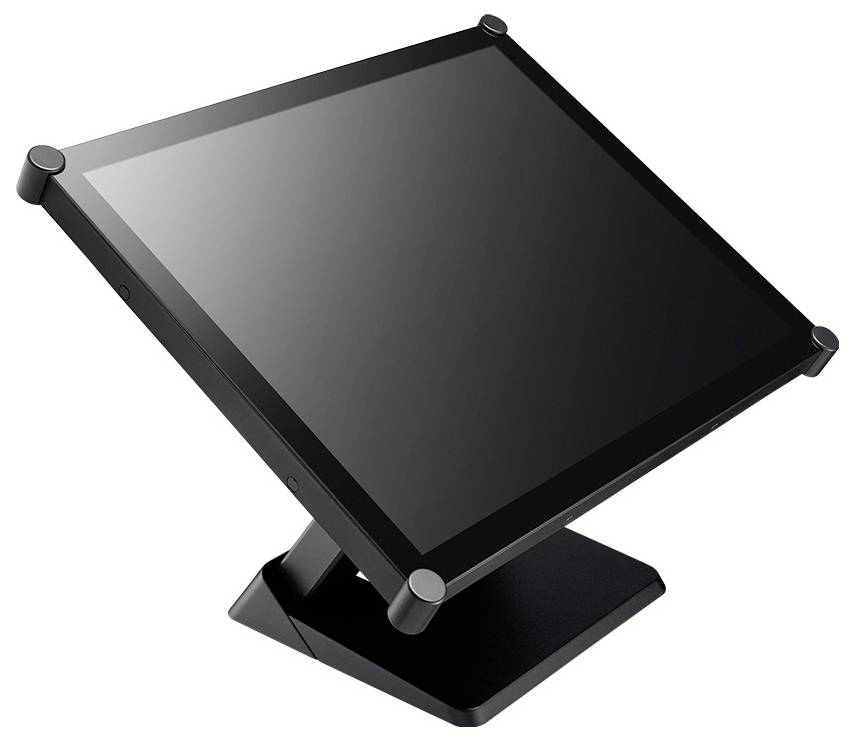 Schwarzer verstellbarer Touchscreen-Monitor auf einem Ständer, in einer Dreiviertelperspektive angewinkelt.
