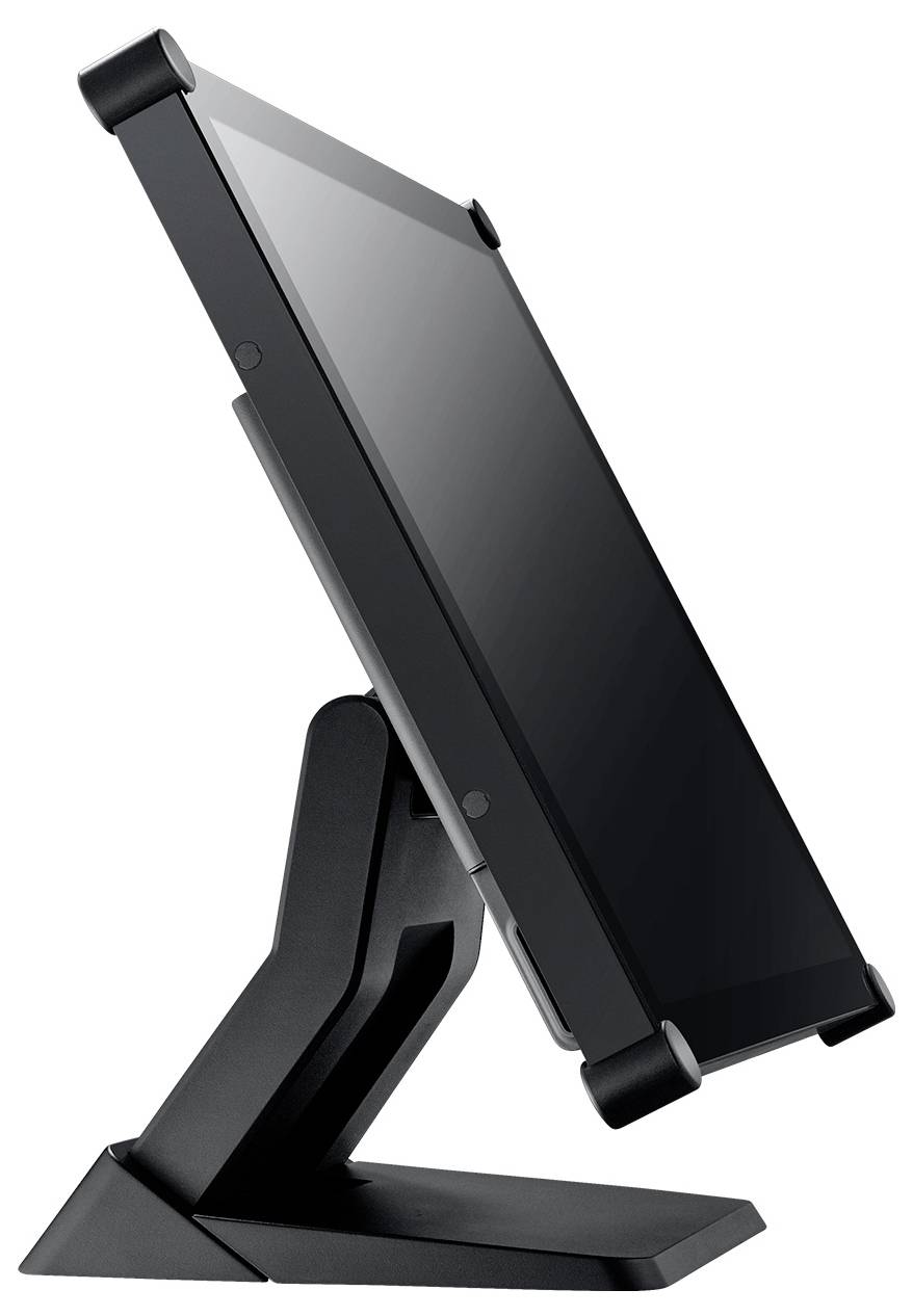 Schwarzer verstellbarer Tablet-Ständer, der ein Tablet in einem Winkel auf weißem Hintergrund hält.