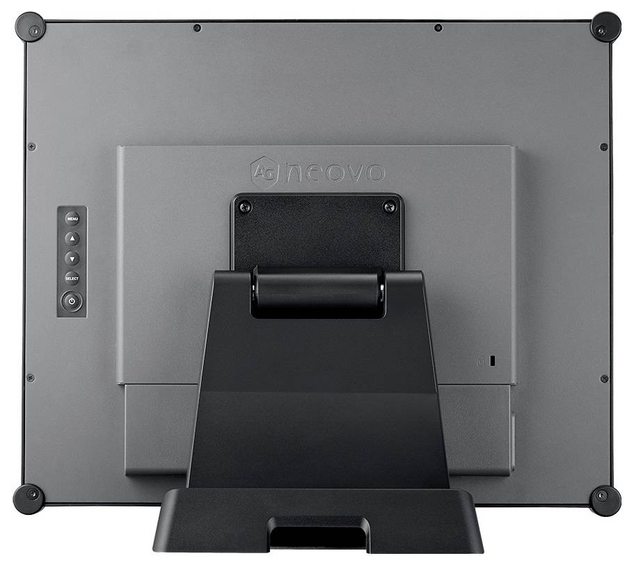 Rückansicht eines Lenovo All-in-One-Monitors mit verstellbarem Ständer und seitlichen Steuertasten auf einfachem Hintergrund.