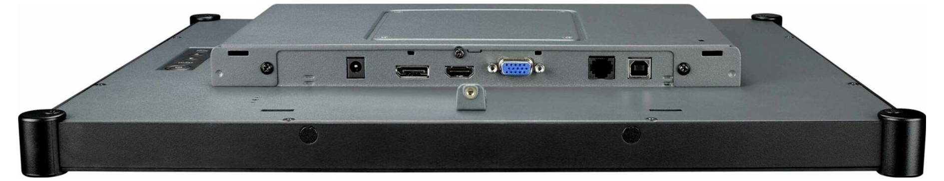 Rückansicht eines flachen elektronischen Geräts mit Anschlüssen und Verbindungsstücken, einschließlich HDMI, USB, ein VGA-ähnlicher blauer Anschluss, Audiobuchsen und Stromeingang.
