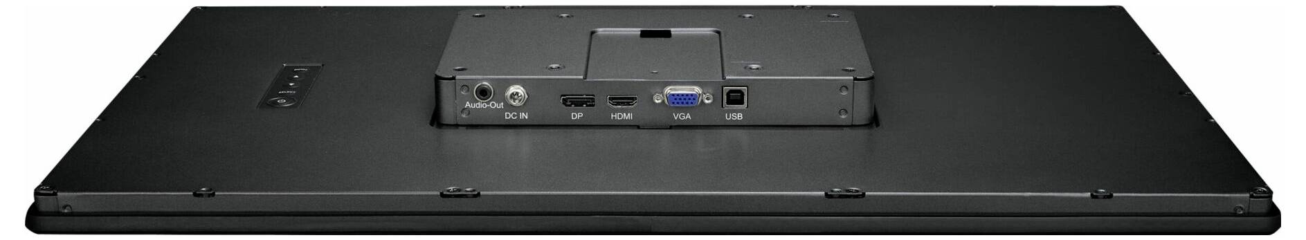 Draufsicht auf eine schwarze Laptop-Dockingstation oder -Basis mit einem angehobenen hinteren Anschlussfeld, das USB-, VGA- und Audioverbindungen zeigt.