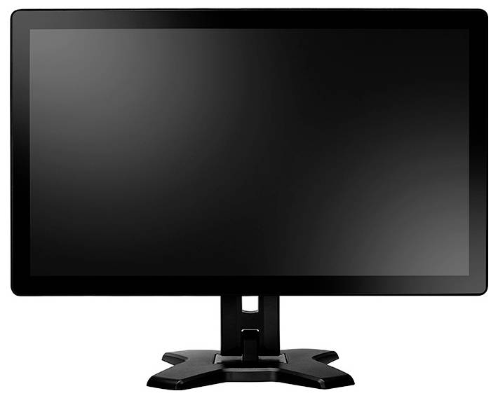 Schwarzer flacher Computerbildschirm mit einem Ständer auf weißem Hintergrund.