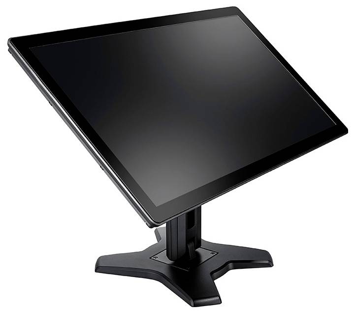 Schwarzer Touchscreen-Monitor auf einem verstellbaren Ständer, nach oben geneigt vor einem einfachen weißen Hintergrund.