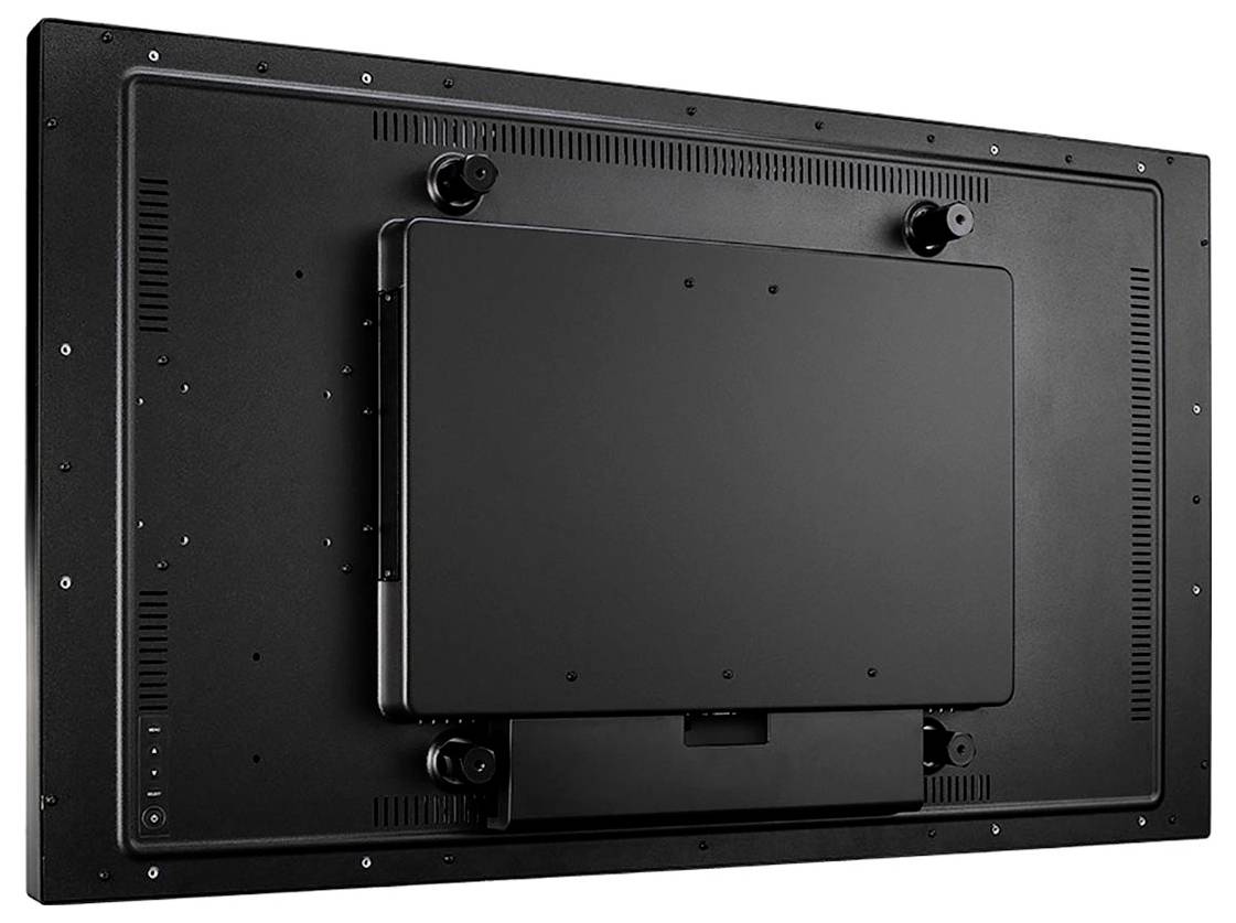Rückansicht eines Flachbildfernsehers oder Monitors mit der Rückseite, Befestigungspunkten und einer zentralen kastenförmigen Halterung.
