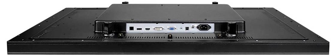 Draufsicht auf eine flache schwarze Monitor- oder Fernseh-Rückseite mit einem eingelassenen zentralen Elektronik-Modul und sichtbaren Anschlüssen.