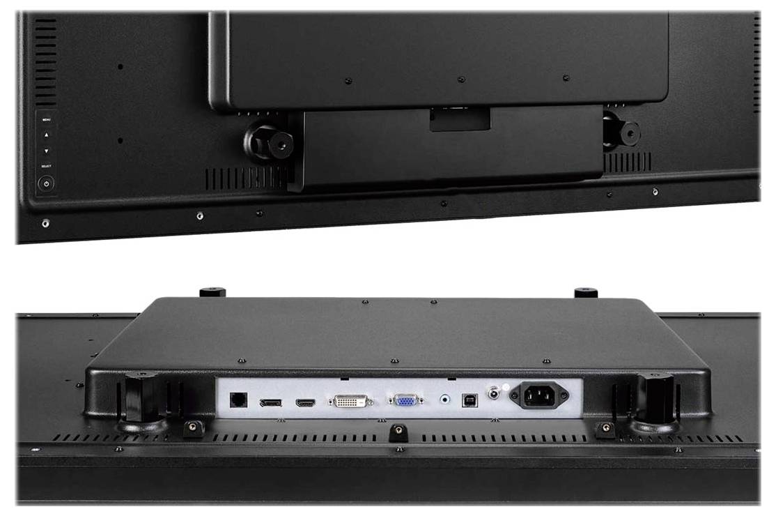 Rück- und Unteransichten eines Flachbildschirms mit Befestigungshardware und hinteren Anschlüssen, einschließlich USB, VGA, Audio und Stromeingabe.