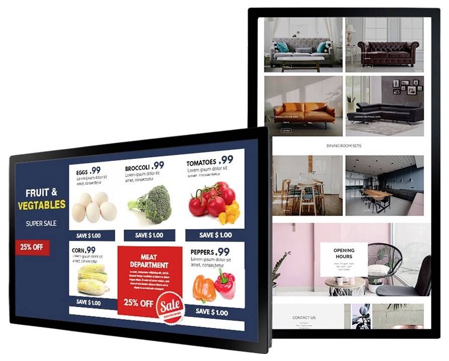 Zwei digitale Anzeigetafeln mit Einzelhandelswerbung: ein Supermarktverkauf für Obst und Gemüse mit Preisen und eine Möbelhausgalerie mit Sofas, Speisezimmern, Öffnungszeiten und Kontaktdaten.