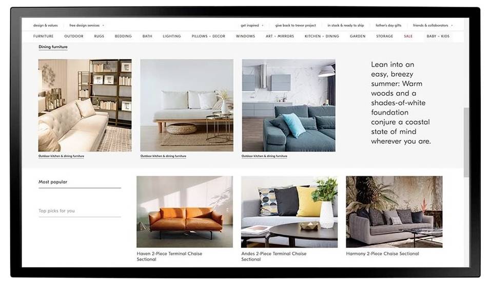 Möbeleinzels-Webseite mit Esszimmermöbeln und einem Bereich „Am beliebtesten" mit Sofaproduktfotos und einer Sommerwohnbotschaft.