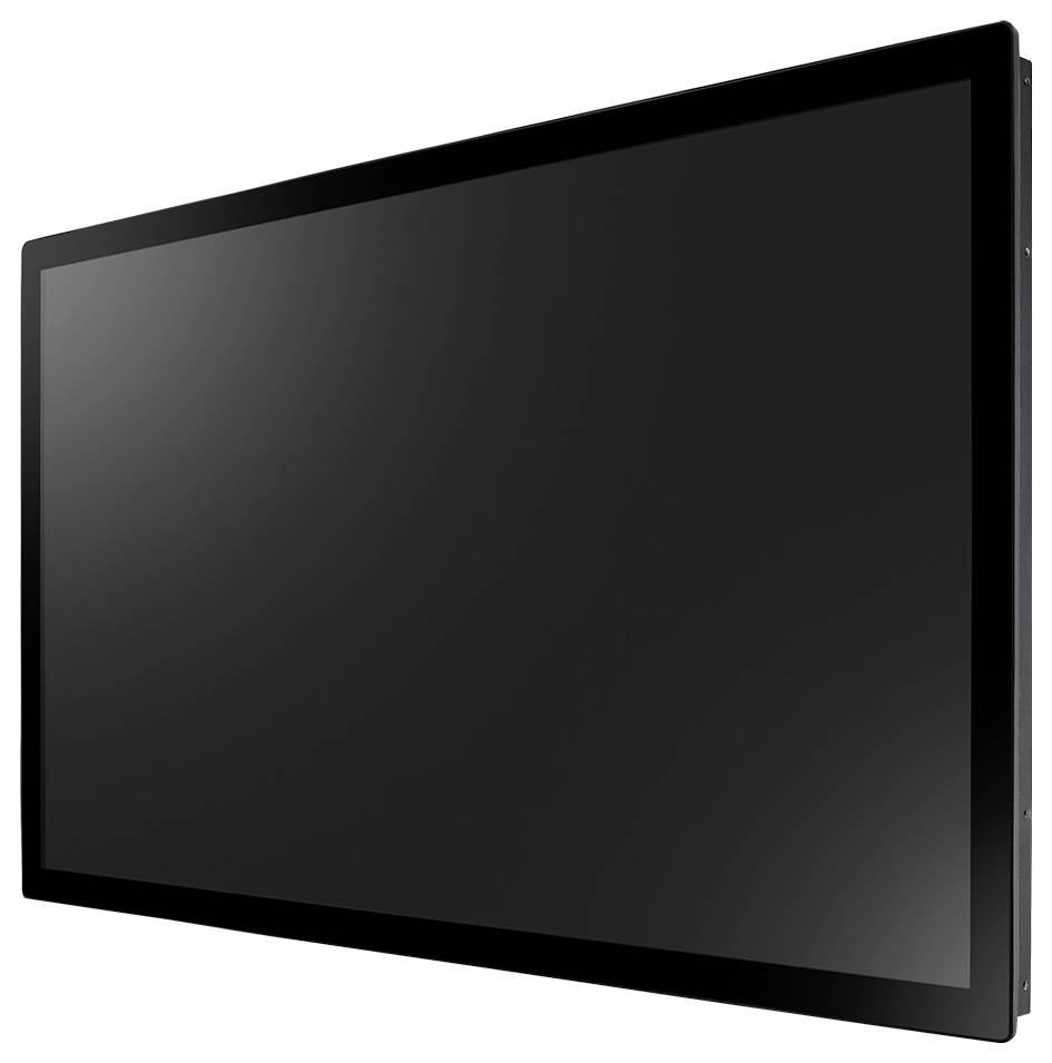 Schwarzer Flachbildfernseher oder Monitor im schrägen Winkel auf weißem Hintergrund gezeigt, mit ausgeschaltetem Bildschirm.