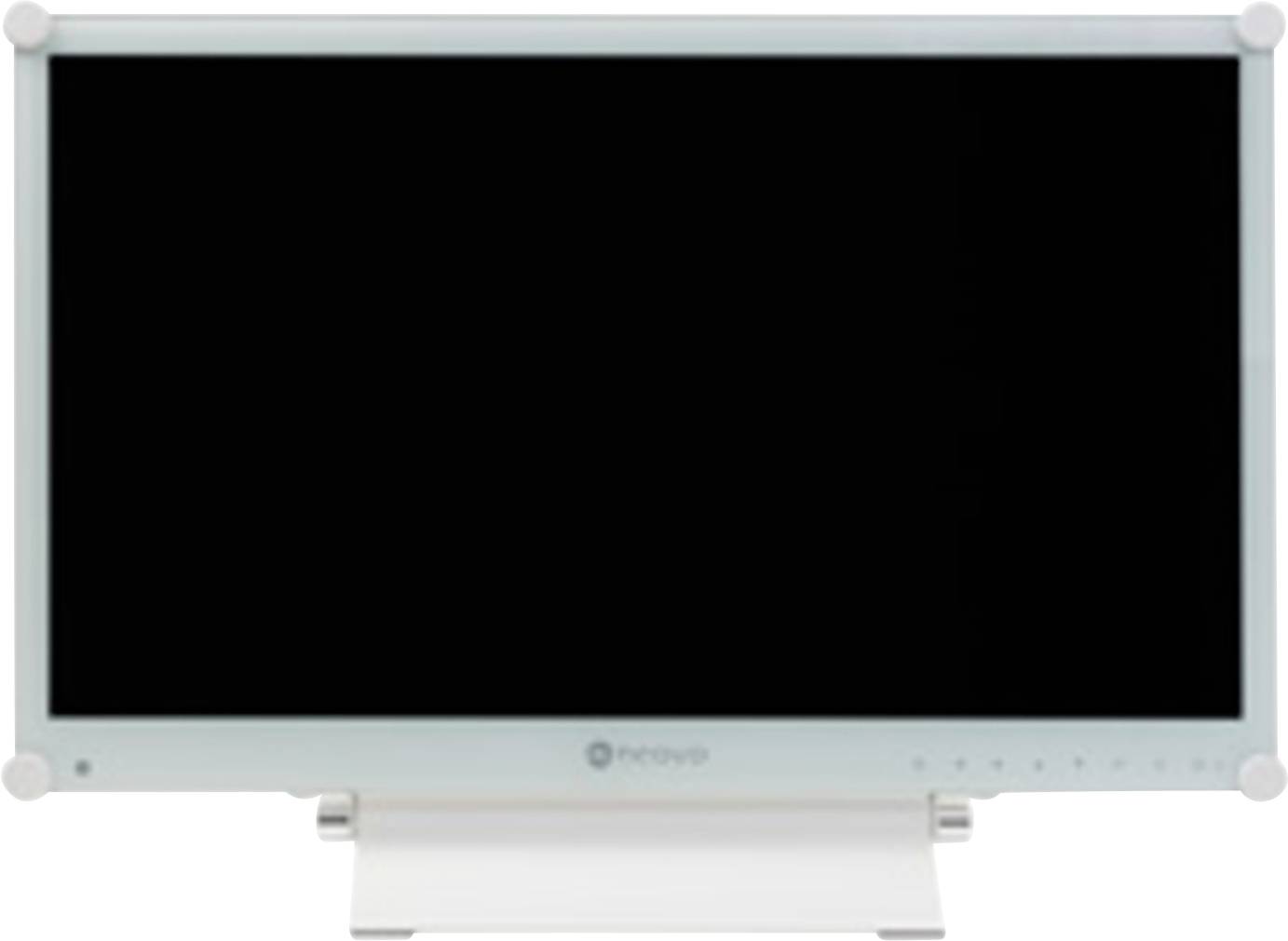 Ein leerer Computermonitor mit schwarzem Bildschirm auf einem Ständer.