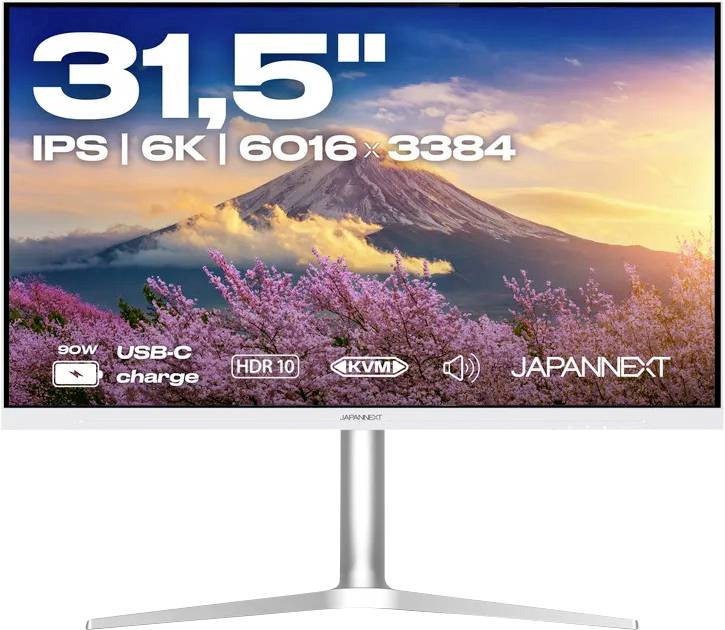 Monitor auf dem Schreibtisch mit Anzeige einer Berglandschaftswerbung mit Text „31,5 Zoll