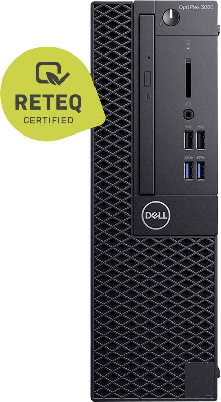 Frontansicht eines Dell OptiPlex 3060 Desktop-Tower mit einem gelben „RETEQ CERTIFIED