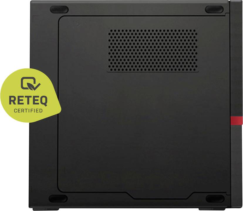 Schwarzes Gerät oder Panel von hinten betrachtet, mit Lüftungsgitter und einem gelben „RETEQ CERTIFIED