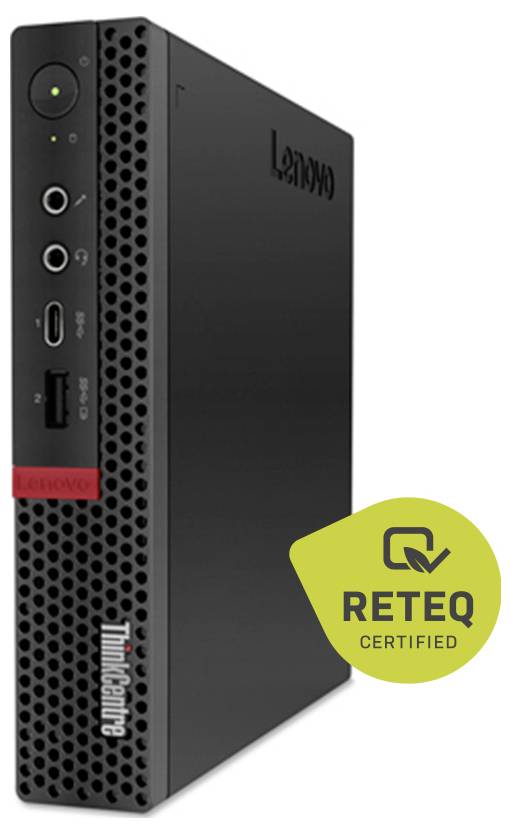 Lenovo ThinkCentre kompakter Desktop-PC, Ansicht von vorne-links, mit überlagert angebrachtem „RETEQ CERTIFIED"-Abzeichen.