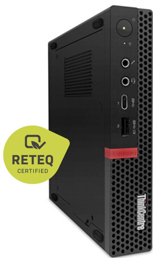 Schwarzer Lenovo ThinkCentre Mini-Desktop-Tower, Schrägansicht mit vorderen Anschlüssen, Netzschalter und Lüftungsgitter, mit REQ-zertifiziertem Abzeichen-Overlay.