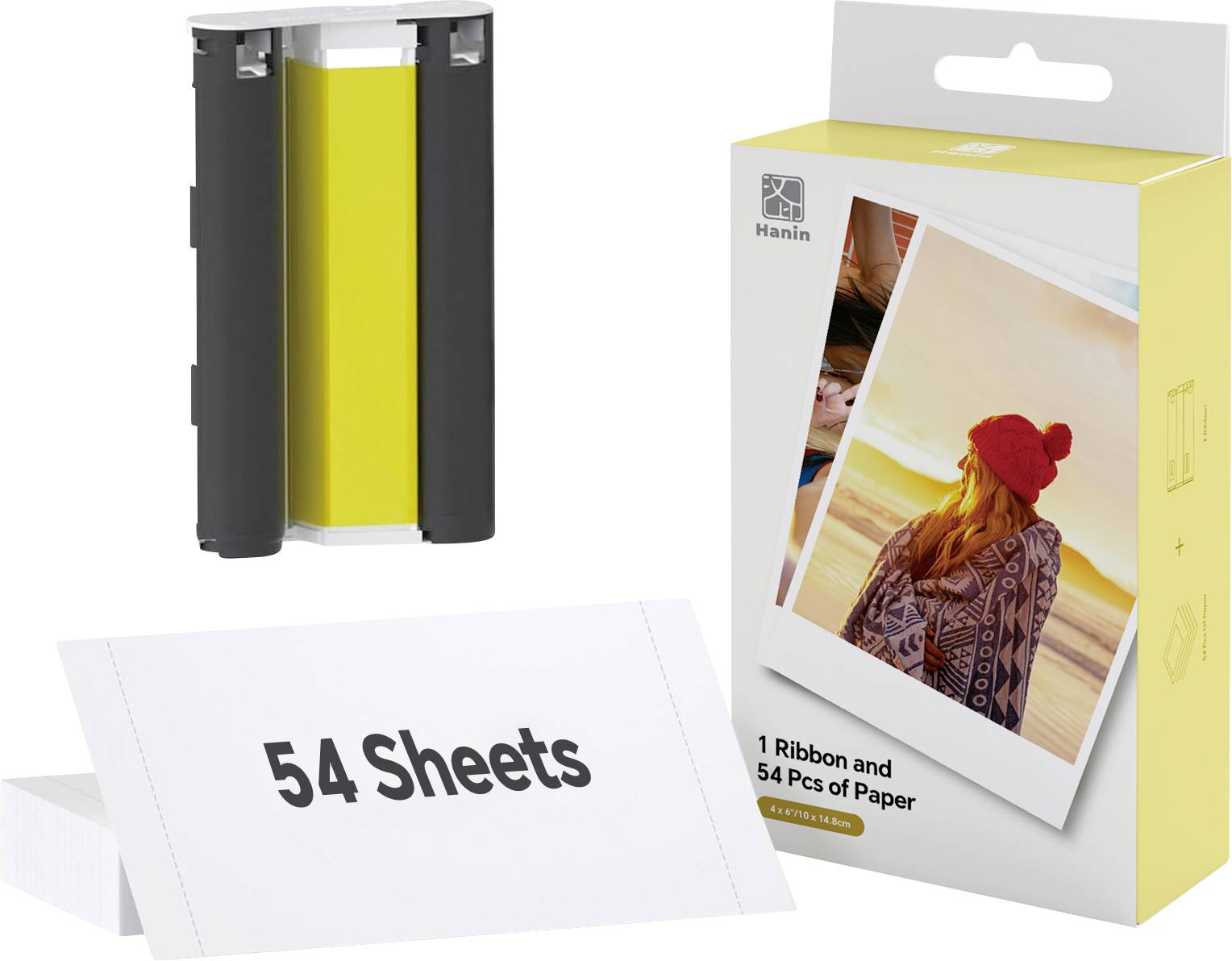 Tragbares Fotodrucker-Papierset mit 54 Blättern und einem Farbband, gezeigt mit der Druckpatrone und der Produktverpackung.