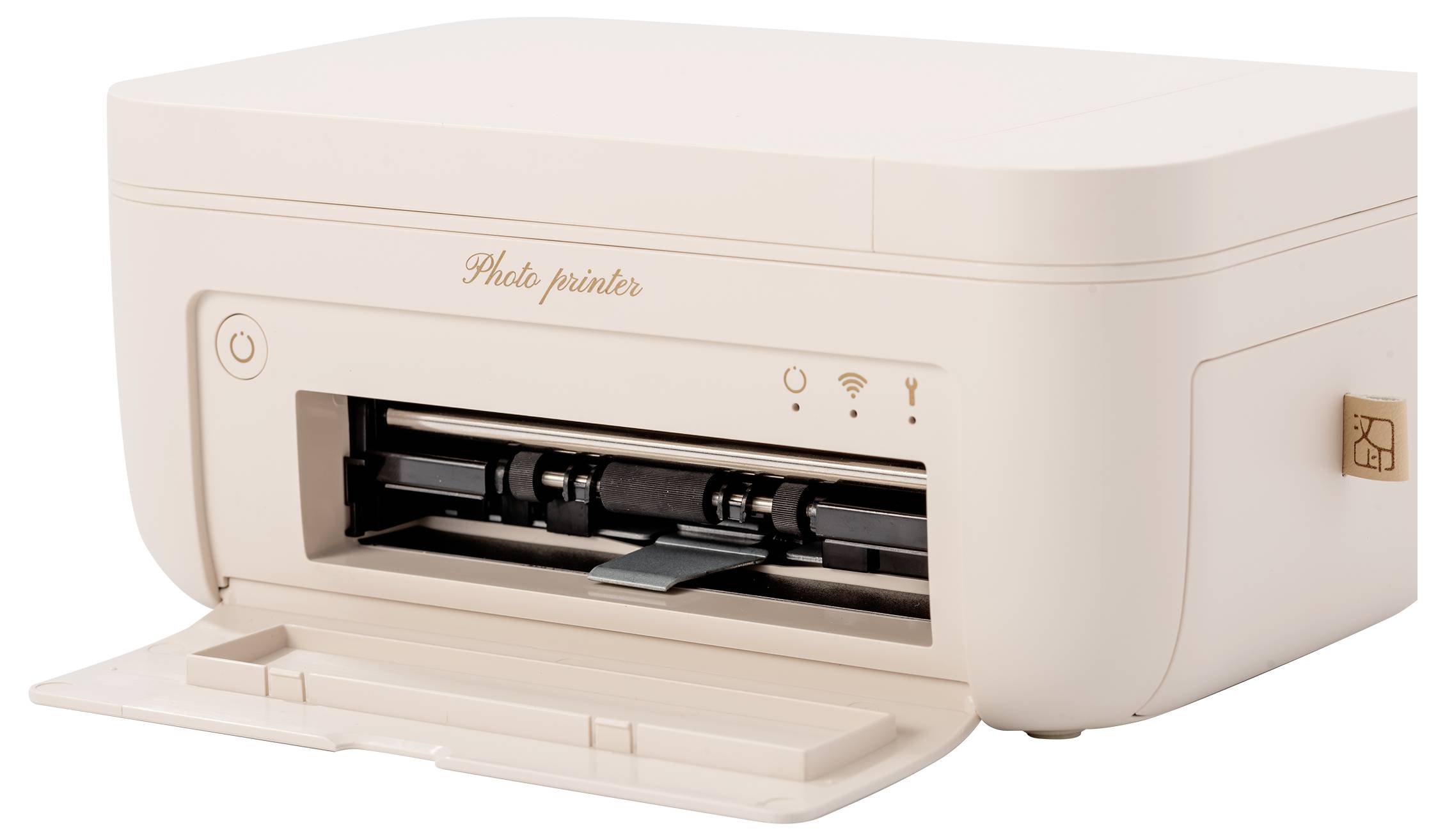 Cremefarbener kompakter Fotodrucker mit offenenem vorderen Papierfach und Kartenladebereich im Inneren.