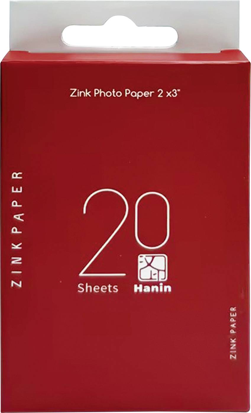 Rote Schachtel Zink-Fotopapier 2x3, beschriftet mit „20 Blatt
