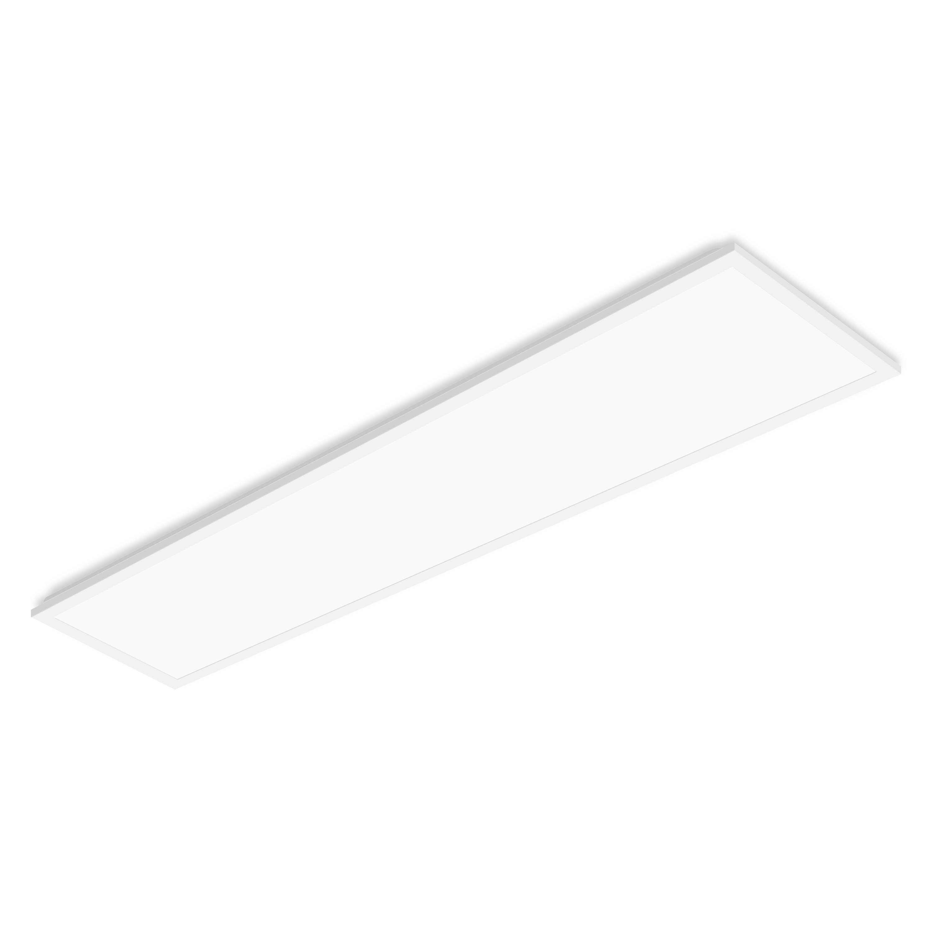 Ein langer, dünner rechteckiger weißes LED-Lichtpaneel, das in einem Winkel auf einem einfachen weißen Hintergrund gezeigt wird.