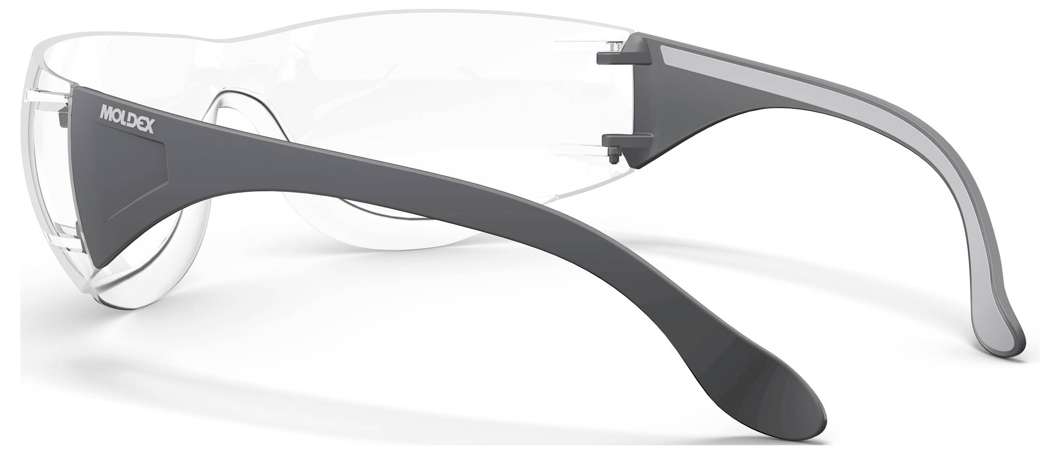 Paar dunkelgraue Schutzbrille mit klaren Wraparound-Gläsern in der Profilansicht auf weißem Hintergrund.