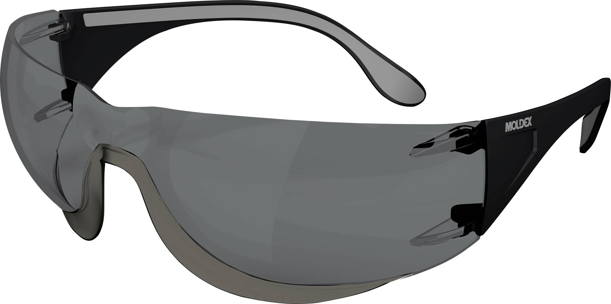 Schwarze umwickelnde Sportsonnenbrille mit dunkel getönten Gläsern und Seitenschutzschildern auf weißem Hintergrund.