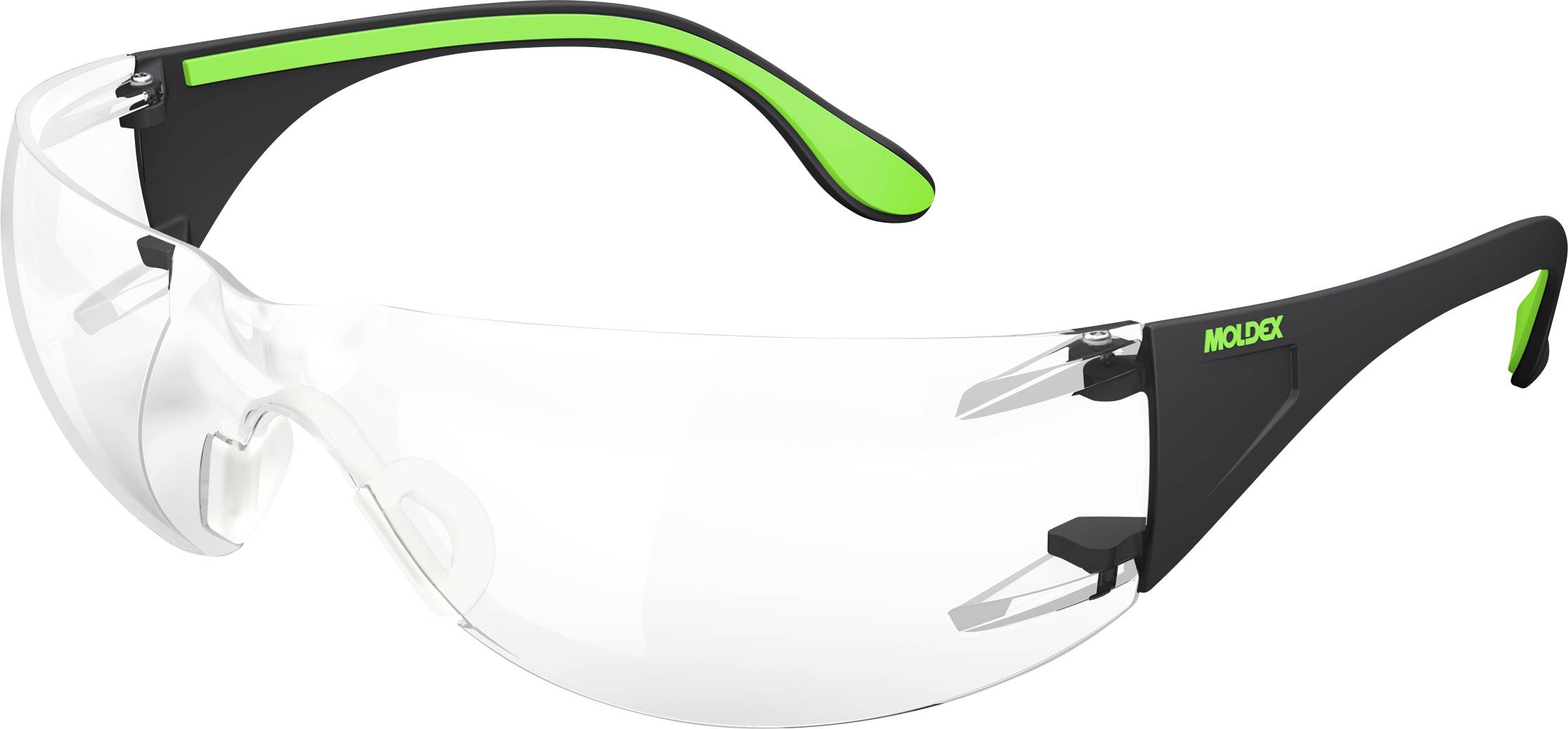 Klare Schutzbrille mit schwarzem und neongrünem Rahmen auf weißem Hintergrund.
