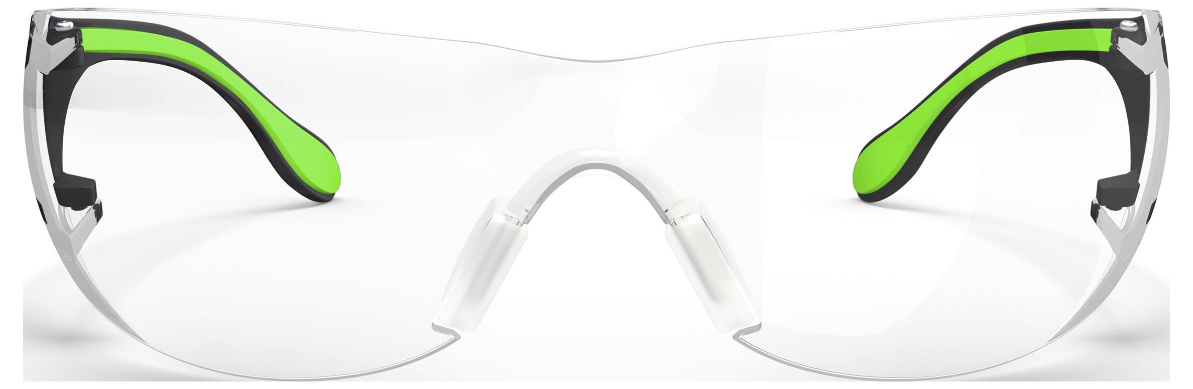 Klare Schutzbrille mit leuchtend grünen gepolsterten Bügeln und Nasensteg, Vorderansicht auf weißem Hintergrund.