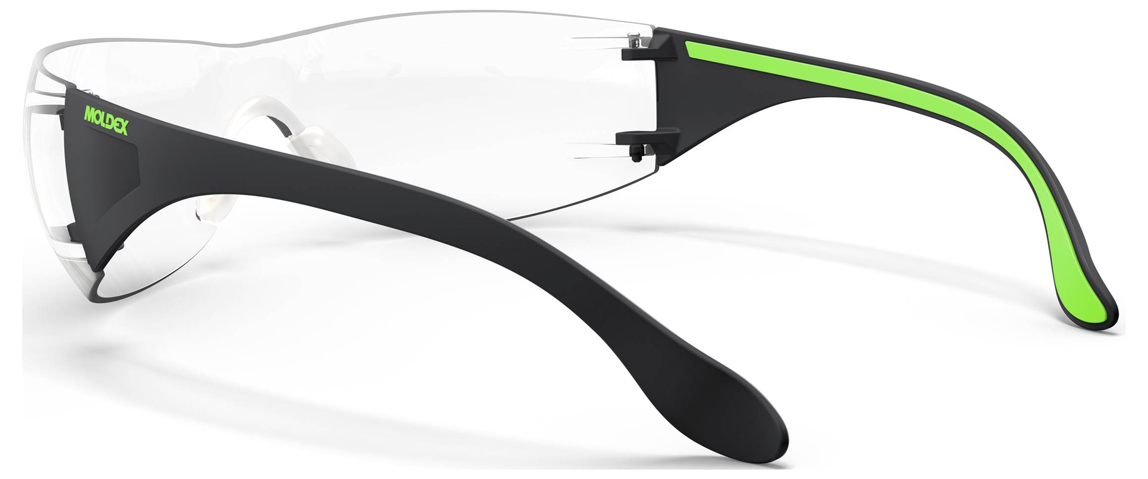 Schwarz-grüne Schutzbrille mit Umfassungsdesign und klaren Gläsern, shown in Seitenansicht auf weißem Hintergrund.
