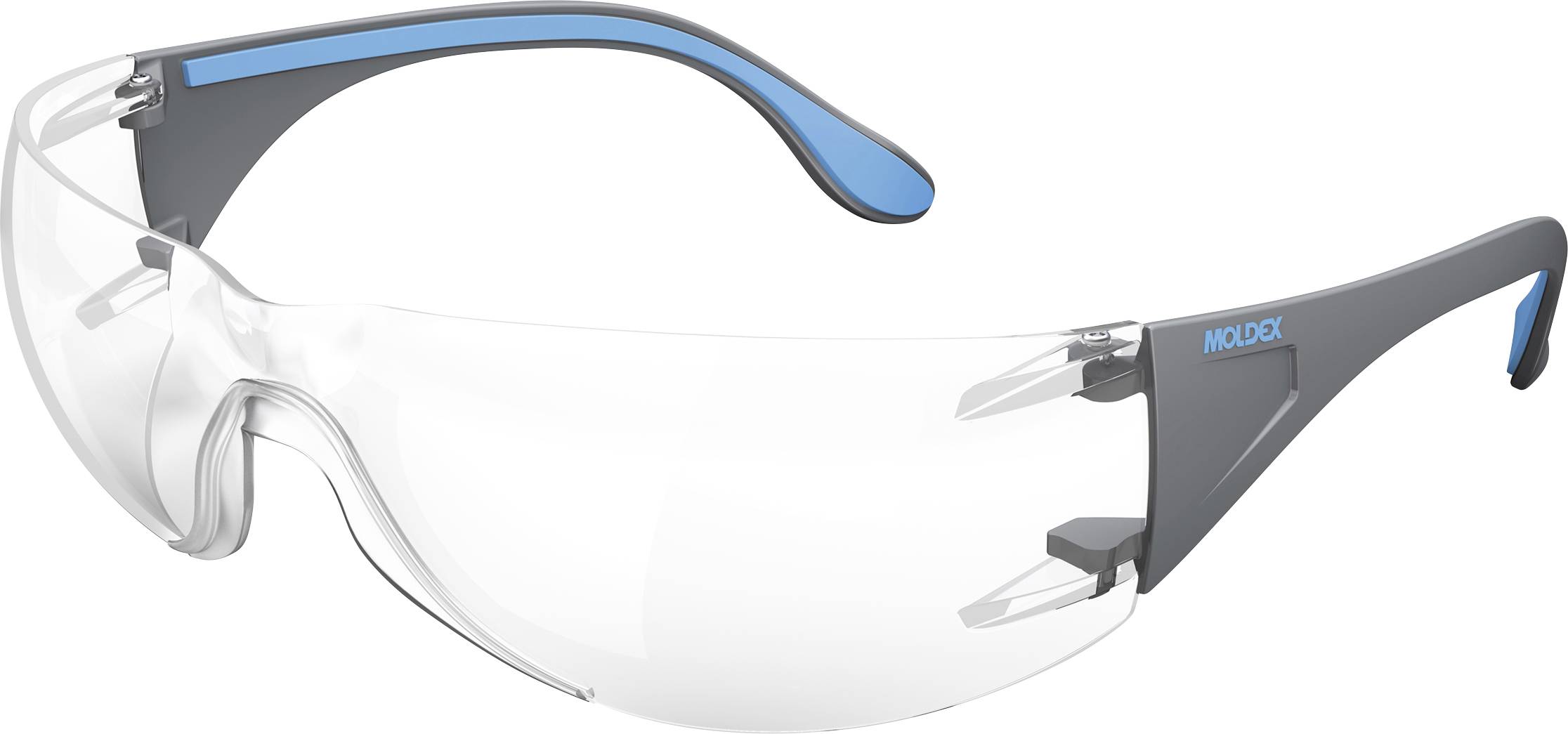 Klare Schutzbrille mit umlaufenden transparenten Gläsern und blaugrauen Bügeln auf weißem Hintergrund.