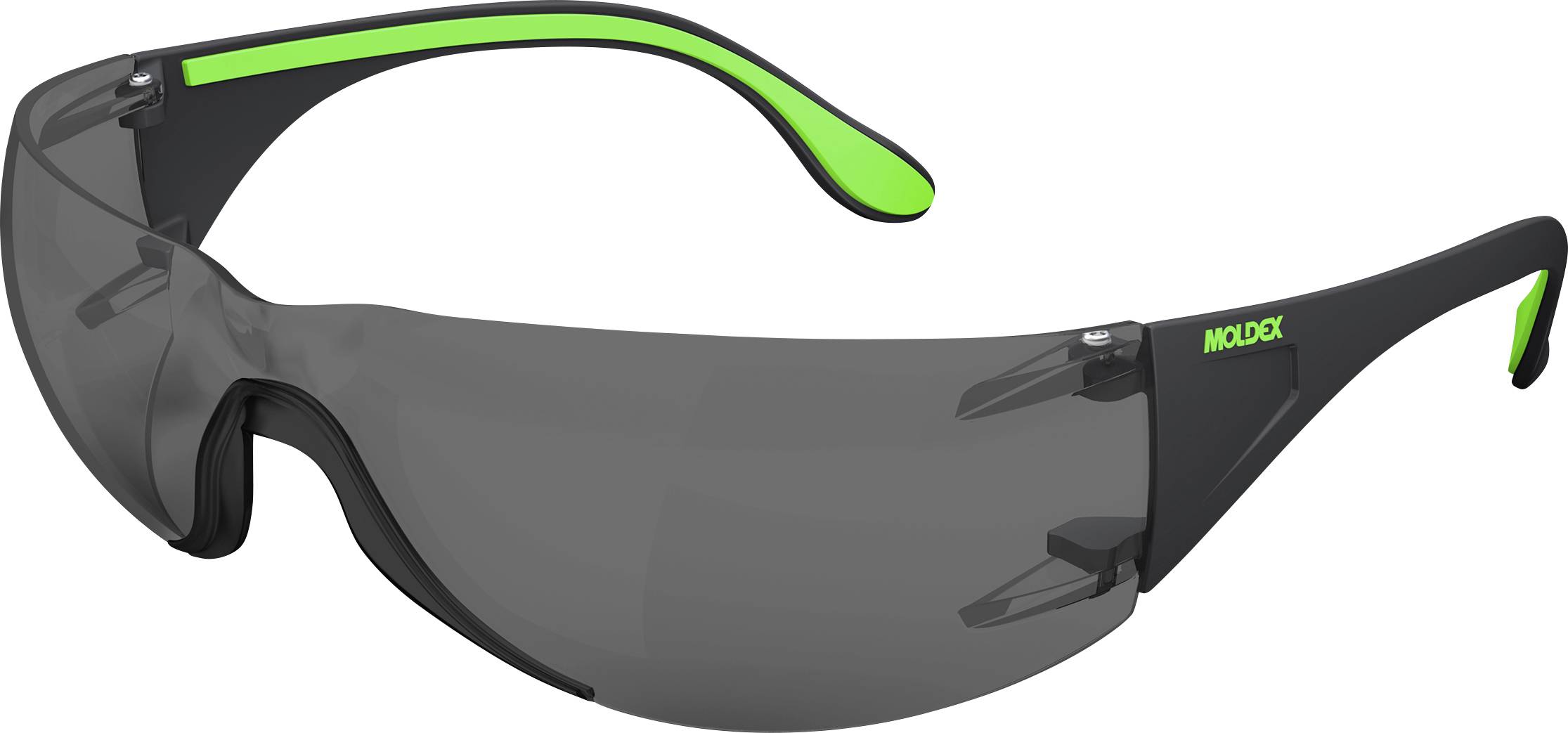 Schwarze umwickelnde Schutzbrille mit getönten Gläsern und leuchtend grünen Akzenten am Rahmen und an den Bügeln