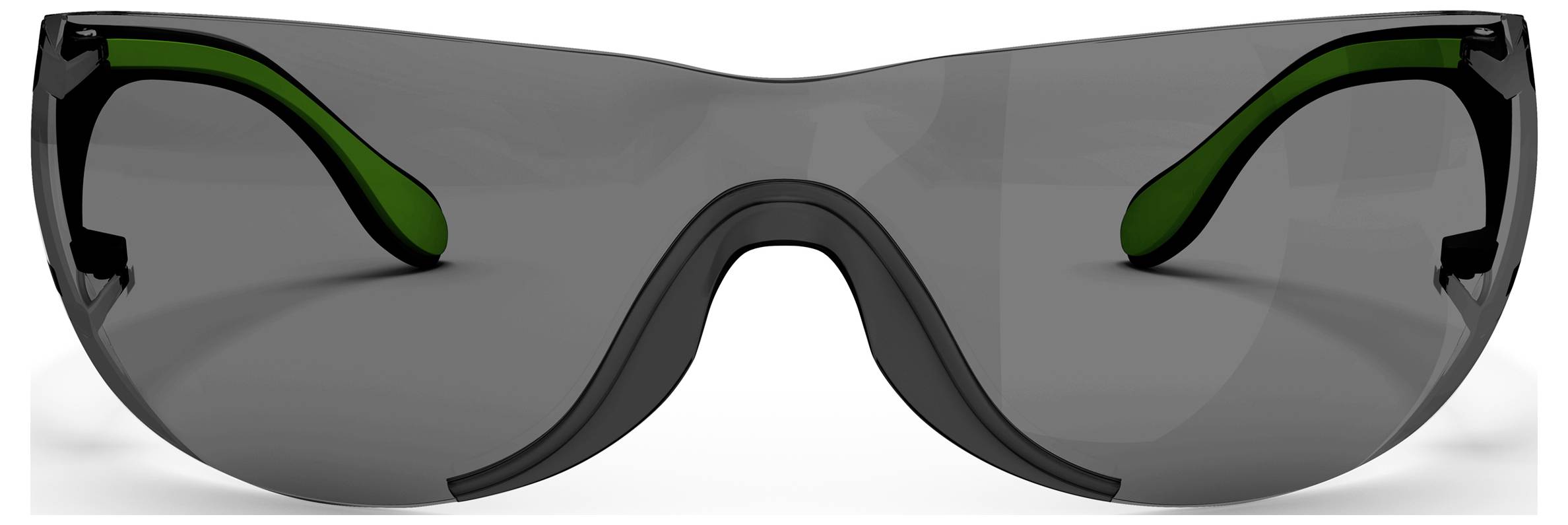 Schwarze umwickelnde Sonnenbrille mit grau getönten Gläsern und grünen inneren Bügeln, Vorderansicht auf weißem Hintergrund.