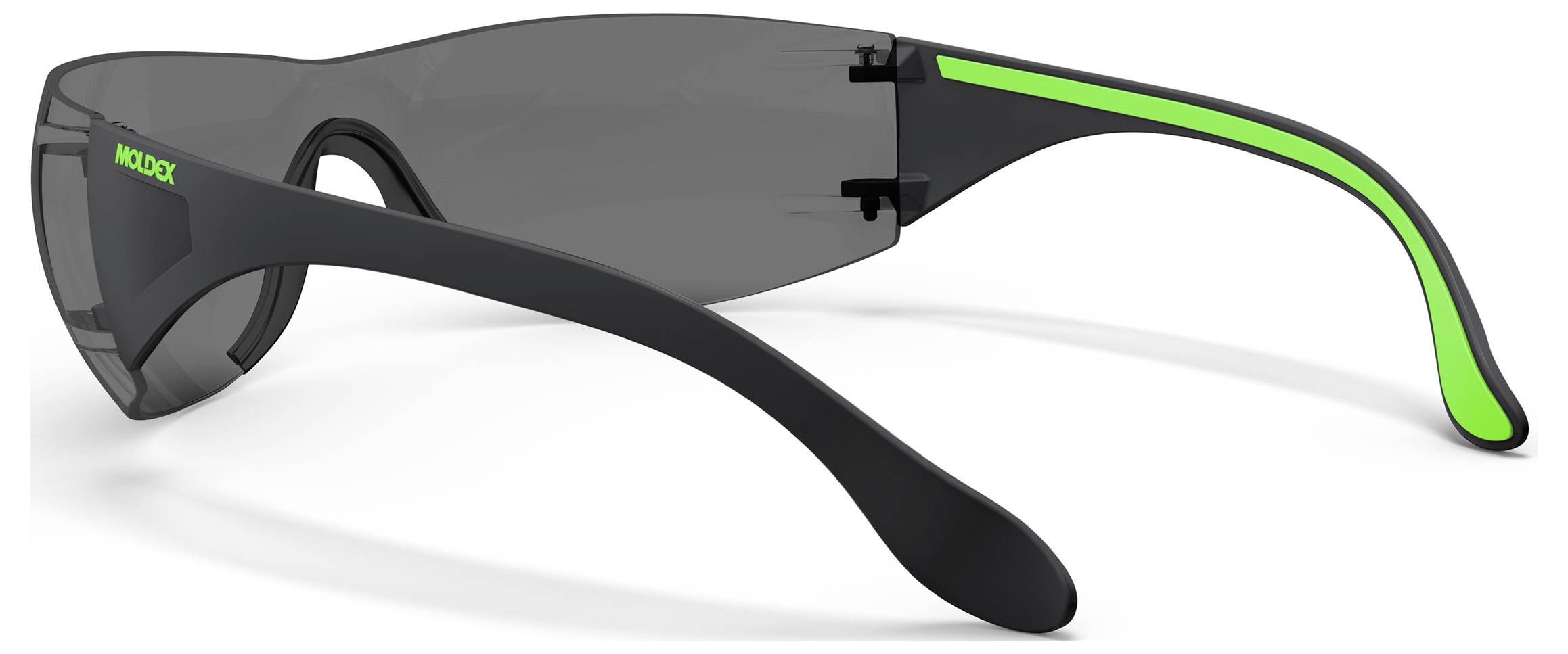 Schwarze Wickelsonnenbrille mit dunkel getönten Gläsern und grünen Akzenten an den Bügeln