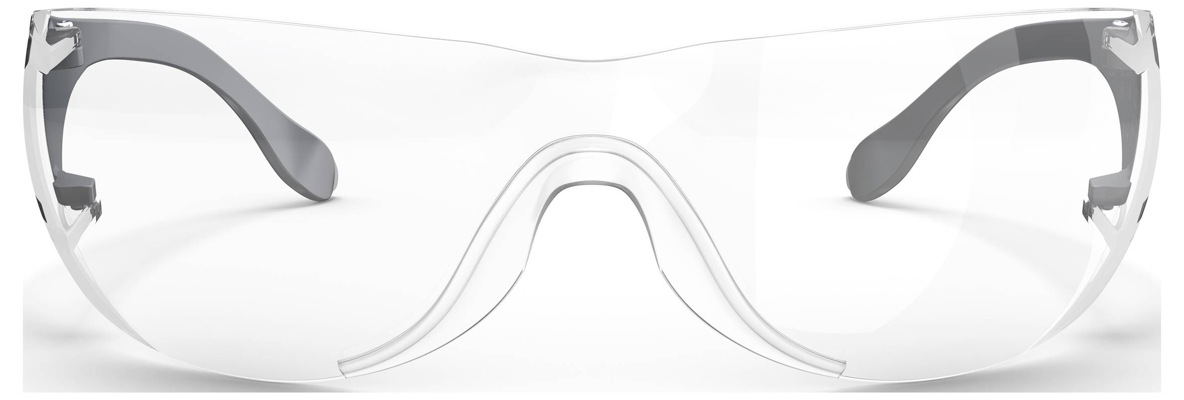 Klare Schutzbrille mit umschließendem Design, grauen Bügeln und grauem Nasensteg, Frontalansicht auf weißem Hintergrund.
