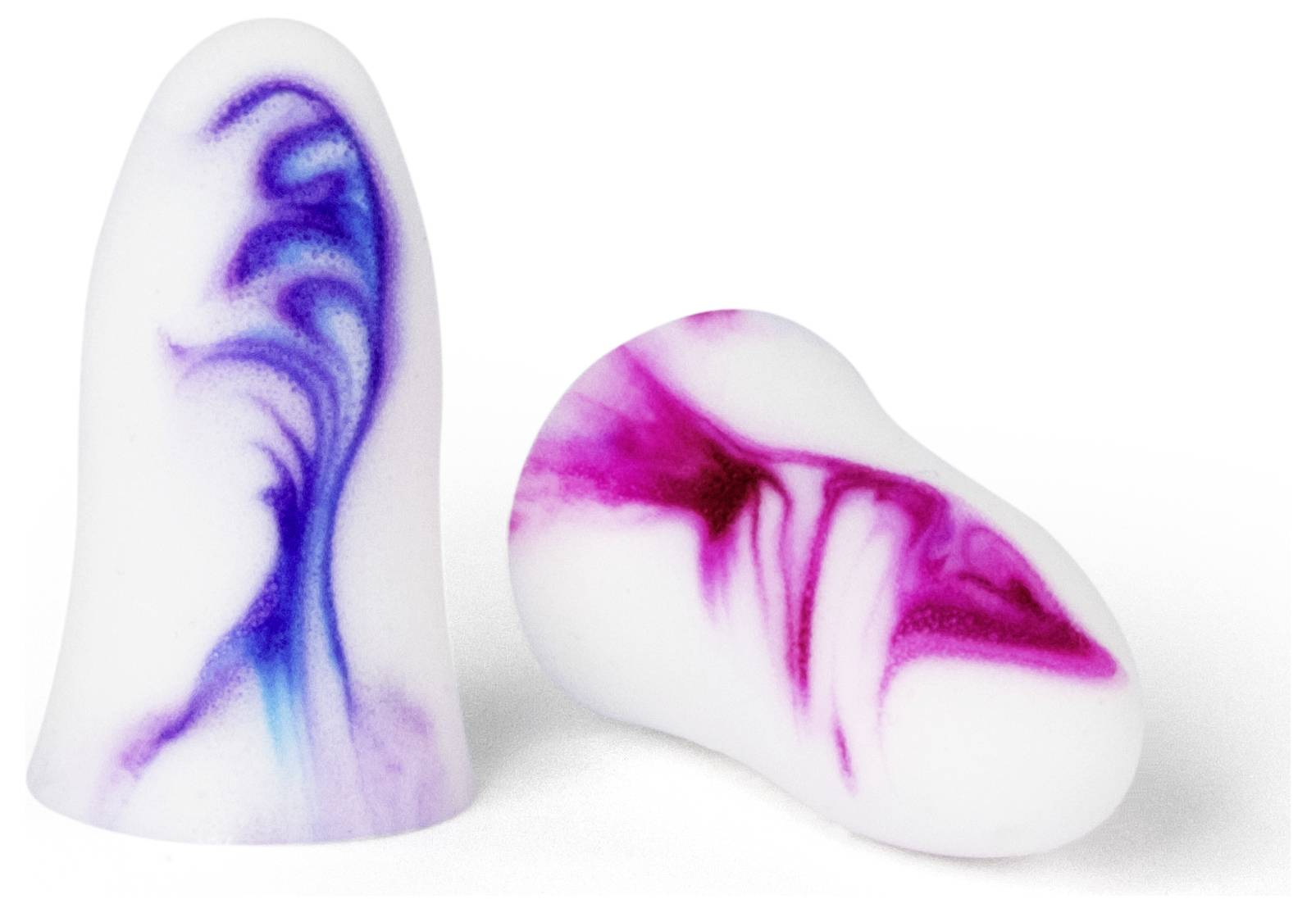 Zwei weiße abstrakte kegelförmige Objekte mit violetten und rosa marmorierten Streifen, eines aufrecht stehend und eines auf der Seite liegend.