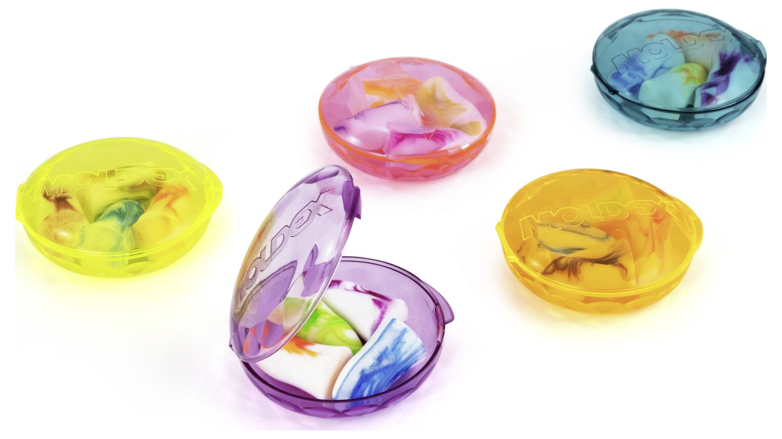 Fünf bunte Waschmittelpods in durchsichtigen Behältern auf weißem Hintergrund, dargestellt als Produktbild.