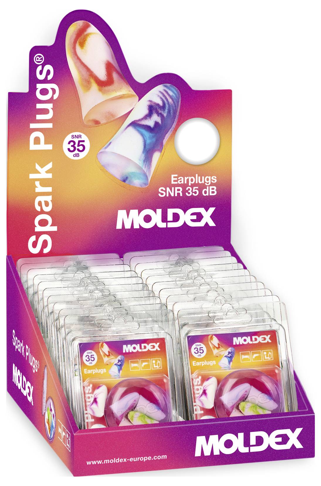 Moldex Spark Plugs Ohrstöpsel-Displaybox mit farbenfroher Ohrstöpsel-Verpackung, gekennzeichnet mit „SNR 35 dB" und „Ohrstöpsel", mit mehreren klaren Packungen in einem Thekendisplay.
